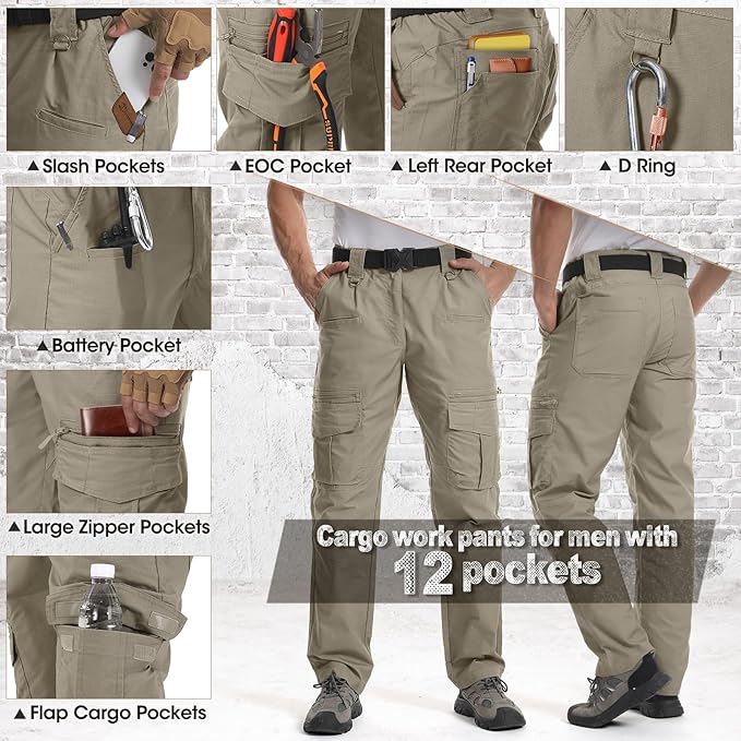IGOLUMON Men's Ripstop Tactical Pants Breathable Stretch Cargo Pants Outdoor Lightweight EDC Work Hiking Pants Zipper Pockets