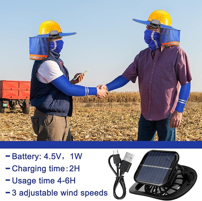 1 Set Sun Hard Hat Shade Full Brim Hard Hat Sun Visor with Solar Fans and Neck Sunshade Cover UV Reflective Strap Arm Sleeves Summer Protection Accessories