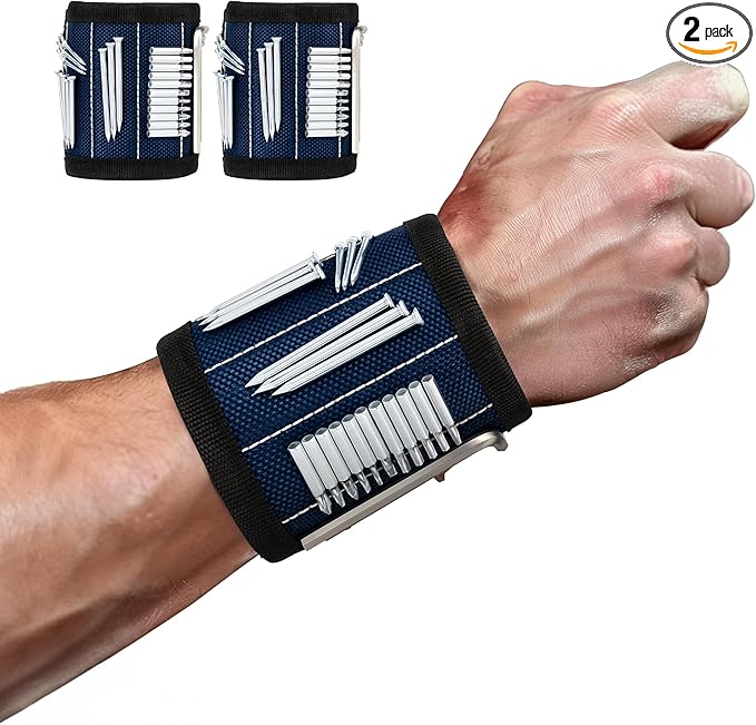 2PC Magnetic Wristband, 5-Row Strong Magnets for Holding Screws, Nails, Drill Bits, Tools Organizer for Craftsmen, Construction, Great Gift for Dad, Men (Blue)