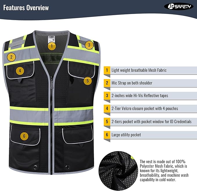 JKSafety Hi-Vis Unisex Surveyor Safety Vest Heavy Duty PPE Inner Pockets ANSI/ISEA Compliant