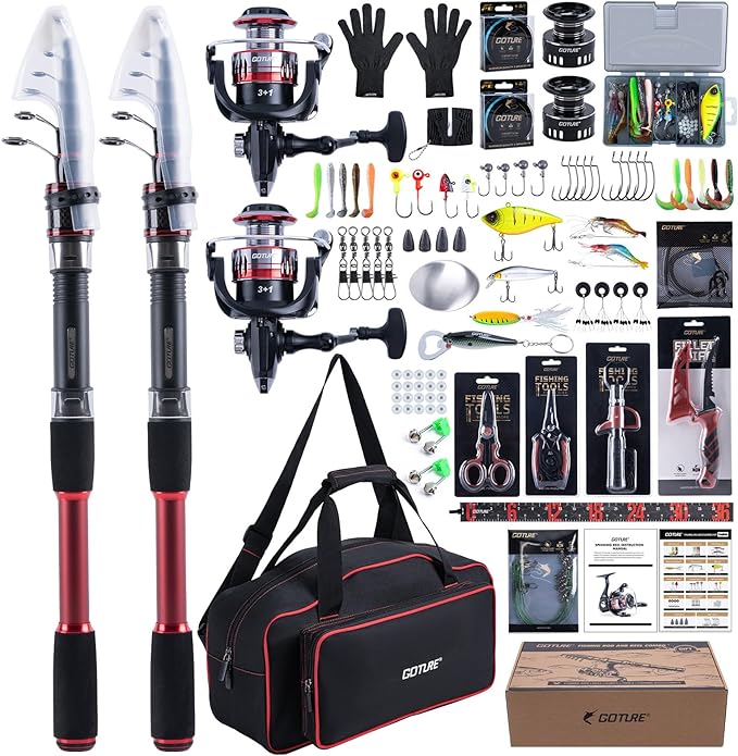 Goture Fishing Rod and Reel Combo, Red Telescopic Fishing Pole with Full Starter Kit & Carrier Bag, Portable 24T Travel Spinning Rod for Bass Trout, Freshwater Beginners Gift