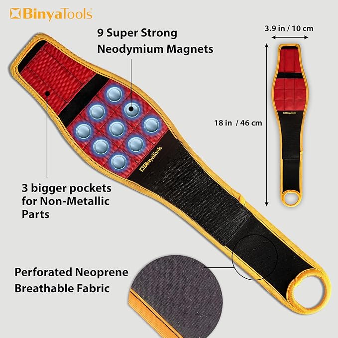 BINYATOOLS Magnetic Wristband for Tools Gift for Him Magnet Screw Holder Wrist Support Keeps Screws Nails Drill Bits Handy Unique Tool Gadgets for Men's & Dad (RED)