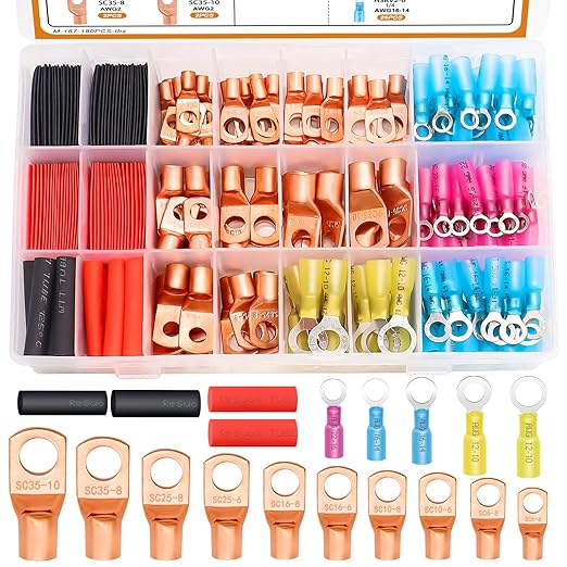 mankk 180PCS Copper Wire Lugs AWG 2 4 6 8 10 12 14 16 Gauge Battery Terminal Connectors Battery Cable Ends Connectors Copper Ring Terminal Kit with Heat Shrink