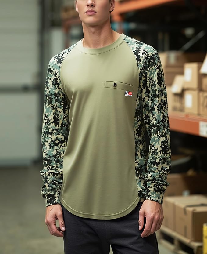 BOCOMAL FR Shirts Crewneck 5.5oz Lightweight Cotton Paisley Camo Two-Tone Flame Resistant Long Sleeve CAT2 Work Shirt