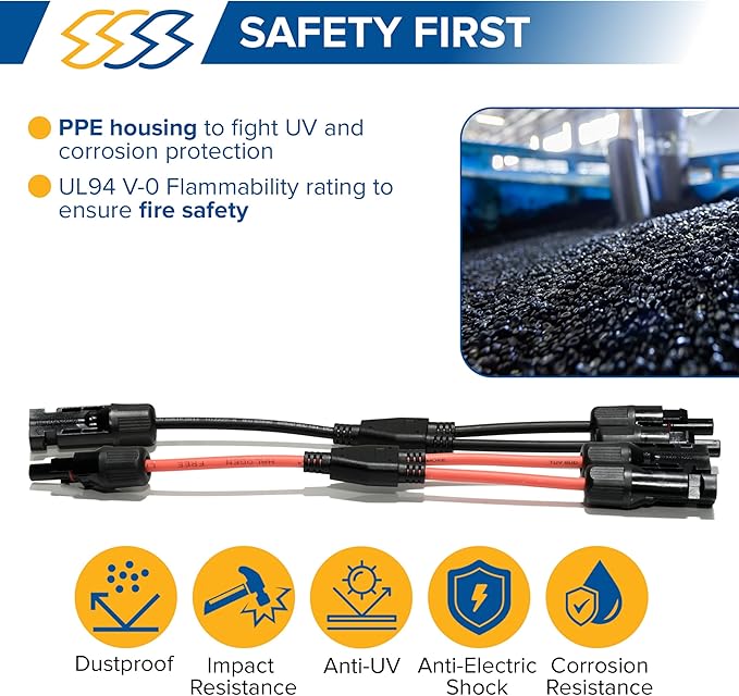 Pack of 2 Solar Y Branch Connectors - IP68 Waterproof Solar Panel Cable Connectors - Solar Branch Connector for Parallel Connection, Inspected & Kitted in The US, M/F (10 Awg Wire)