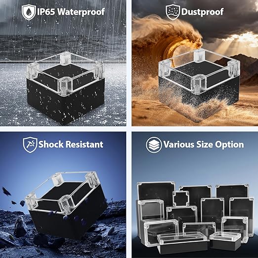 LeMotech Junction Box with Clear Cover IP65 Waterproof Project Box Dustproof ABS Plastic Electrical Project Boxes Universal Enclosure, Black 4.7"x 4.7"x 3.5"(120x120x90mm)(Pack of 2)