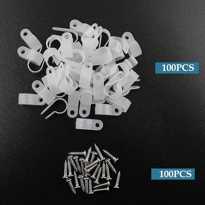 100 Pcs 1/2 Inch R-Type Clip Clamp, Nylon P-Type Mounting Clips, Cable Clip Wire Clamp for Wire Management, Stainless Steel Screws Included