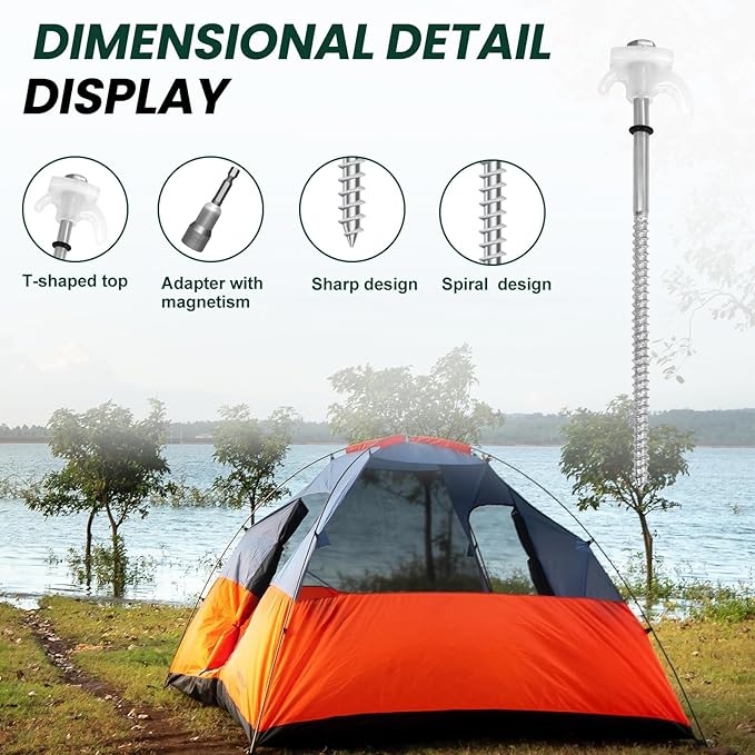 20-Pack 8 Inch Screw Tent Stakes with Glow-in-The-Dark Hex Driver & Storage Case - Heavy Duty Coil Ground Anchors for Camping, Beach, Sand, Snow - Reflective Tent Pegs for All Terrain Tents