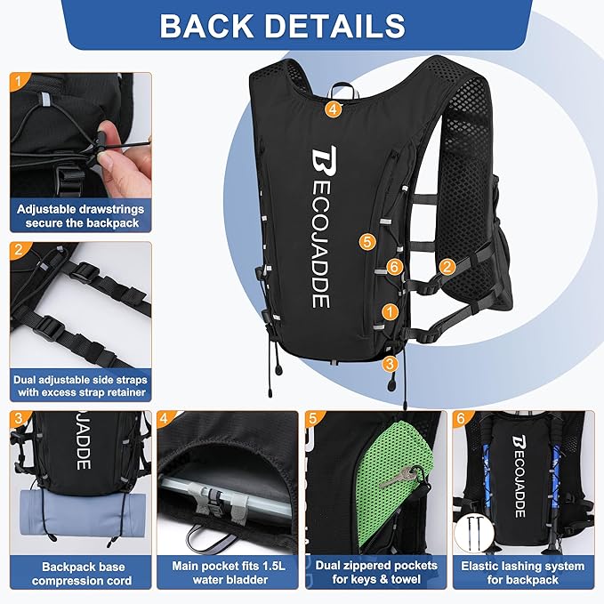 Running Vest Hydration Backpack for Men Women, 5L Lightweight Running Backpack Hydration Pack for Marathon, Trail, Cycling, Hiking, Jogging