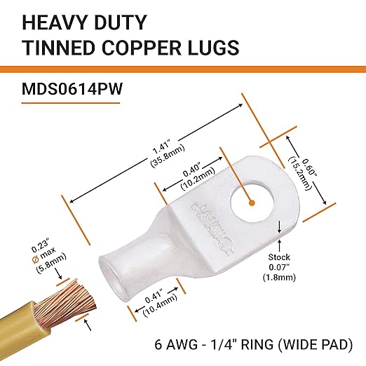 SELTERM 10pcs 6 AWG-1/4" Stud (Wide Pad) Tinned Copper Wire Lugs,Heavy Duty Battery Cable Ends,6 Gauge Ring Terminals,UL Battery Lugs Marine Grade Copper Eyelets Electrical Battery Terminal Connectors