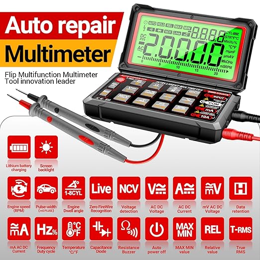 ANENG Multimeter,20000 Counts Digital Rechargeable Automotive Engine Analyzer with 300-19999RPM Tach,Dwell Angle,Duty Cycle,AC/DC Current,Voltage,Amp,Ohm,Flip LCD,Data Hold Tester for Car Diagnostics