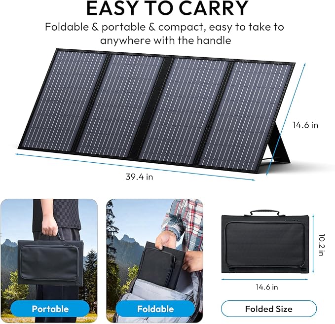 Portable Solar Panel, 60W Foldable Solar Panel Charger for Portable Generator Power Station, Comes with Adjustable Kickstands, DC 18V Output, USB 3.0 and Type-C Ports for Camping Traveling Van RV Trip