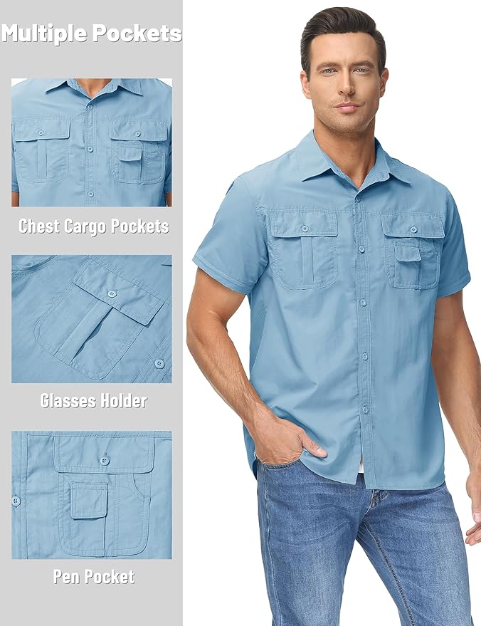 TACVASEN Men's Convertible Long Sleeve Fishing Shirts Lightweight Quick Dry Button Up Tactical Sun Shirts for Safari Hiking