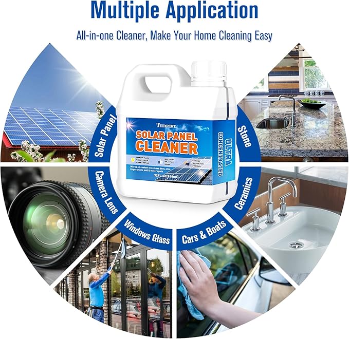 Teexpert Solar Panel Cleaner (32oz Makes 150 Gallons), Ultra Concentrated Glass & Solar Panel Cleaning, Pro Streak-Free Ultra Quick Dry Remove Dirt, Dust, Droppings, Oils, Fingerprints & Water Spots