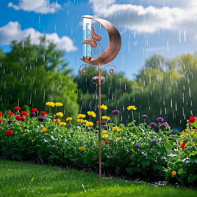 WONDER GARDEN Solar Rain Gauge Outdoor, Decorative Moon Butterfly Rain Gauges Outdoors Best Rated, Freeze Proof Water Rain Measure Gauge for Yard Patio Lawn Garden Decor
