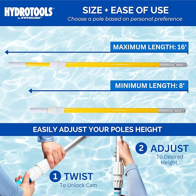 SWIMLINE HYDROTOOLS 8375 2-Piece Professional Grade Fiberglass Telescopic Pole 8 To 16 Feet Adjustable Telepole Swimming Pool Cleaning Skimmer Nets Vacuum Heads & Brushes W/ Strong Grip & Lock