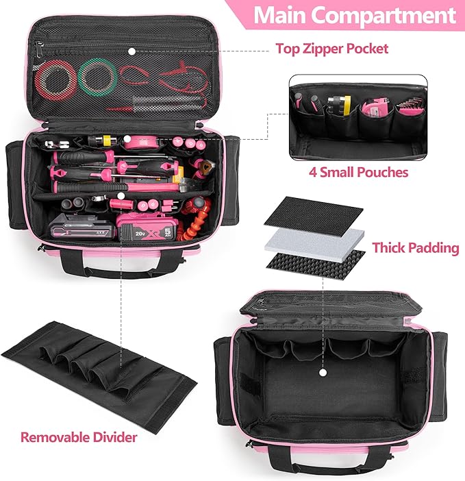 Pink Tool Bag for Women, Tool Storage Organizer with Anti-friction and Thick Padded Bottom, Tactical Range Bag, Multi-functional Work Bag for Repairman, Electrician, Carpenters, Pink