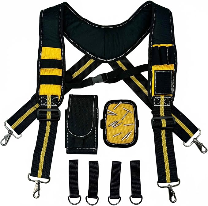Tool Belt Suspenders for Work Belt Heavy Duty Padded with Magnetic WristBand Attachment Loops for Men