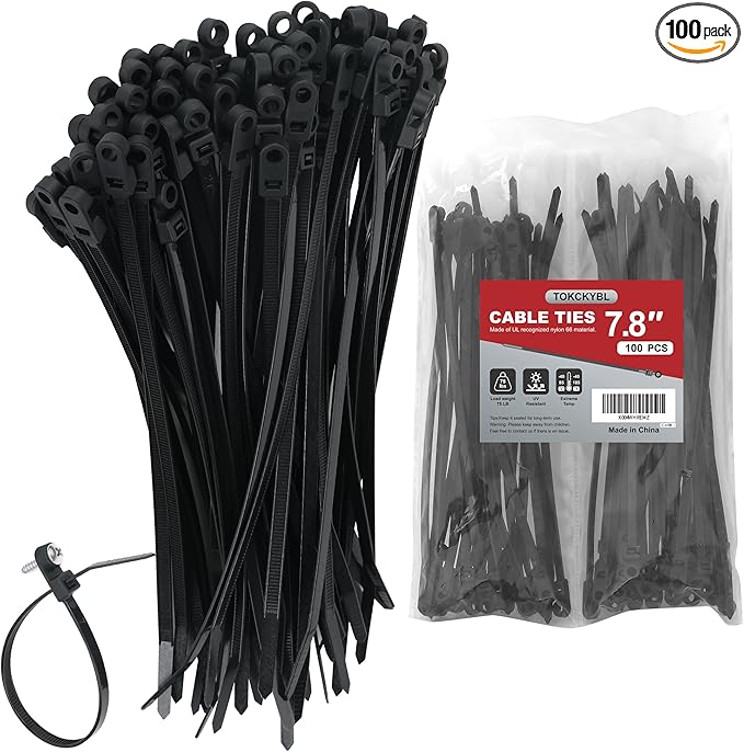 Heavy Duty Zip Ties with Screw Hole, 75lbs Tensile Strength, 7.5 Inch Mountable Cable Ties for Indoor & Outdoor Use, 100PCS Black Nylon Universal Cable Tie Buckle