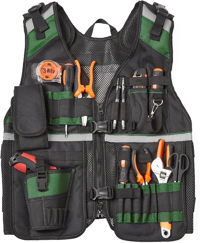 Electrician Tool Vest for Men, Reflective Safety Work Vest with Adjustable Thick Straps, Removable Phone Holder for Electrical, Carpenters, Construction, 22 Pockets.Green