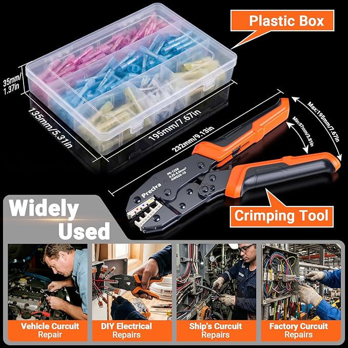 Preciva Heat Shrink Connectors Kit, Preciva Wire Crimping Tool with 180PCS 26-10 AWG Pure Copper Ferrules,Ratcheting Crimper for Automotive, Electrical, Marine & Wiring Repairs