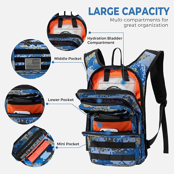 Tactical Hydration Backpack with 2L Water Bladder and Front Small Tactical Pouch, Outdoor Water Backpack for Men Women, Sports Hydration Pack for Hiking, Cycling, Climbing