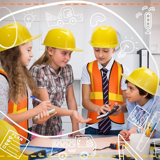 SATINIOR 24 Pcs Construction Birthday Party Supplies Kid Construction Hat and Vest Worker Costume Kids Role Play Dressing up