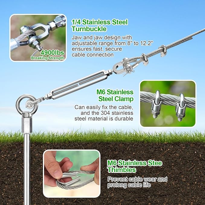 4 Pcs 30" Ground Anchors Heavy Duty with 50ft 1/4" Stainless Steel Cable & 2Pcs Turnbuckle, Fully Welded Ground Anchors Screw in Auger Earth Anchors for Sheds, Mobile Home, Tent, Swing Set