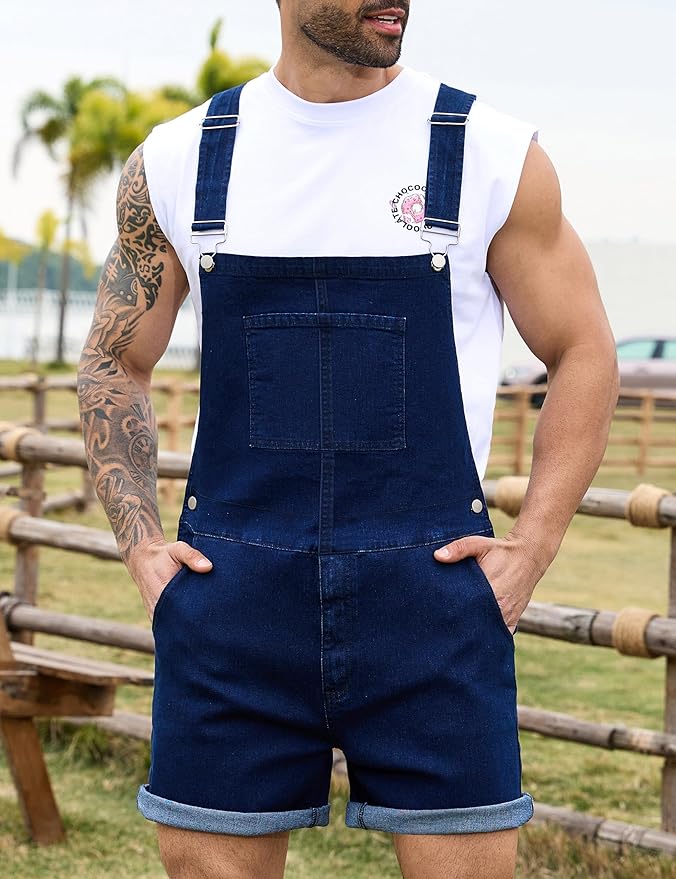 Bindefon Denim Overalls for Men Jean Shorts Jumpsuit Work Bibs Coveralls with Zipper