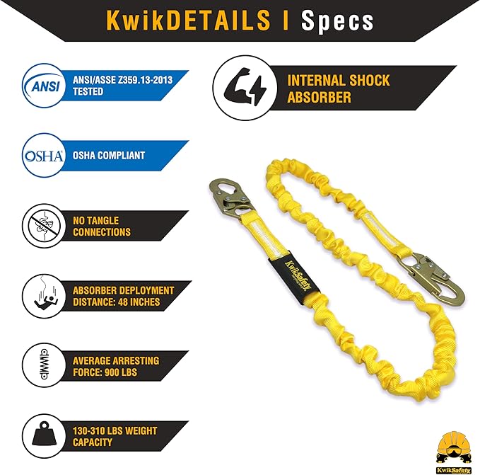 KwikSafety - Charlotte, NC - Rattler [2 Pack] Internal Shock Absorber Single Leg 6ft Safety Lanyard OSHA ANSI Fall Arrest Protection Equipment Snap Hooks Construction Arborist Roofing