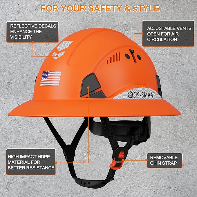 Full Brim Hard Hat ANSI Z89.1 Type 1 & OSHA Certified Safety Helmet with Glasses and Cooling Towel,with 6-Point Suspension & Adjustable Vents