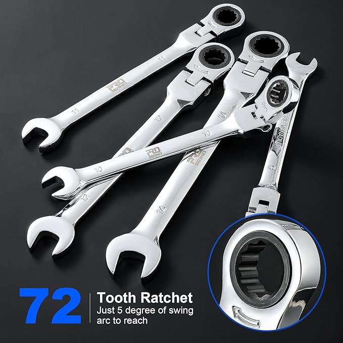 Prostormer 14-Piece Metric Flex-Head Ratcheting Wrench Set, 6-19mm Combination Wrench Kit with Storage Case, 72 Tooth, Cr-V Steel Constructed