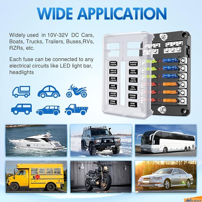 Nilight - 50056L 12 Way Blade Fuse Block 12 Circuits with Negative Bus Fuse Box Holder with LED Indicator ATO/ATC Fuse Panel Waterproof Cover for 12V Automotive Cars, Marine Boats, RVs, Trailers