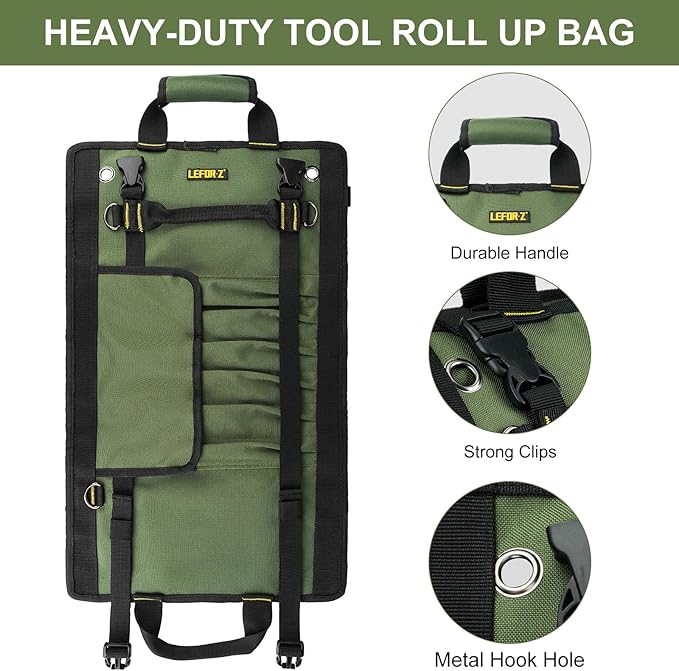 Tool Bag,Large Roll Up Tool Bag Organizer,13 Pockets Tool Roll Storage Pouch,Heavy Duty Portable Tool Storage Carrier Bag for Men,Mechanic,Electrician,Valentines Day Gifts for Men,Green