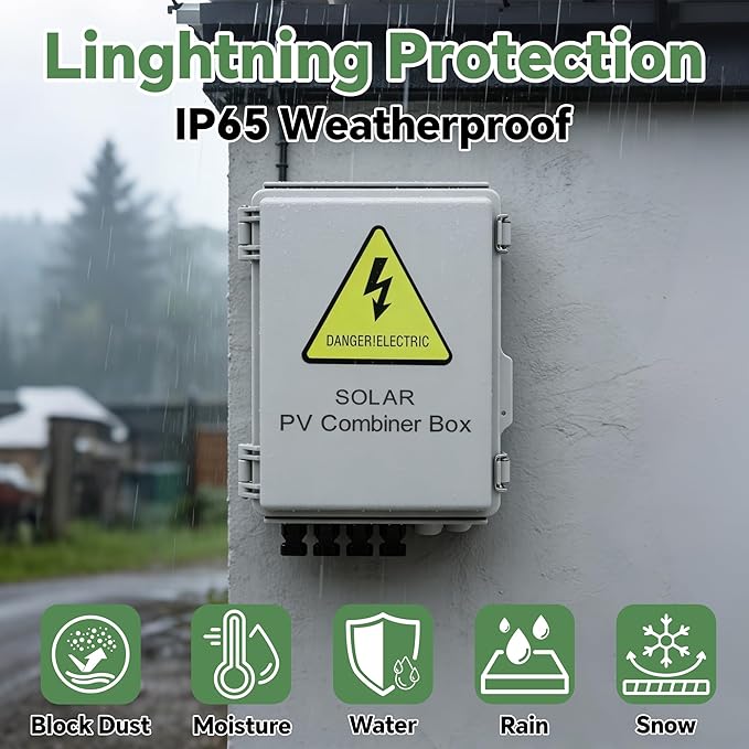 4 String Solar Combiner Box, IP65 Waterproof PV Combiner Box for On/Off Grid Solar System,with Lightning Arrester, 15A Rated Current Fuse & 63A Circuit Breaker(Plastic)