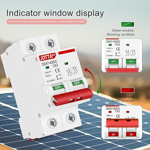 JOTTAELE Solar Panels Disconnect Switch,Miniature DC Circuit Breaker 2 Pole 1000V 63 Amp Isolator for Solar PV System, Thermal Magnetic Trip, DIN Rail Mount (DC 2P 63A 2PCS)