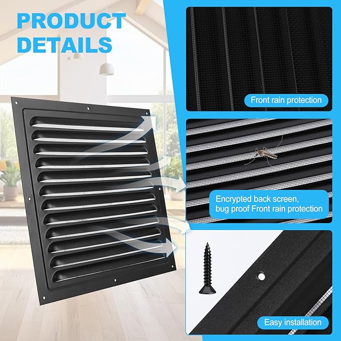 2pcs Attic Vents Gable Vents for Shed Shed Vent Kit with Screen Mesh Square Vent Louvered Vent Grille for Storage Shed Garage Ceiling Exterior Door House Attic (Black,10 x 10 Inch)