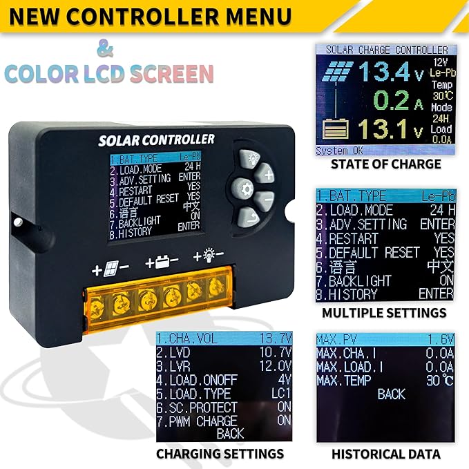 12V/24V Auto Solar Charge Controller 10A/20A/30A, PWM Adjustable Regulator, LCD Display, Multi-Battery Support, Efficient Panel Cell Charging - Solar Power System Accessory (30A)