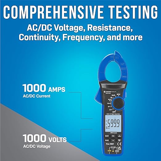 Jonard Tools ACM-1000 Digital Clamp Meter, 1000V/1000A TRMS Multimeter with 45mm Clamp, Non-Contact Voltage Tester, Measures AC/DC Voltage, Current, Continuity, Frequency, Capacitance