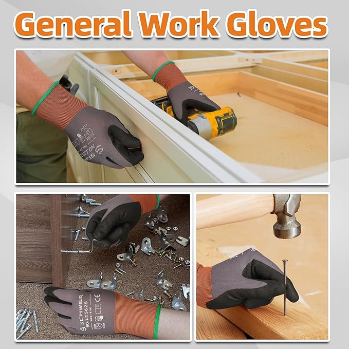 Schwer 3 Pairs Safety Work Gloves with Sandy Nitrile Coating LT5626, Level 6 Abrasion Resistant Heavy Duty Gloves with Grip for Men and Women, Ideal for General Use, Construction, Gardening, L
