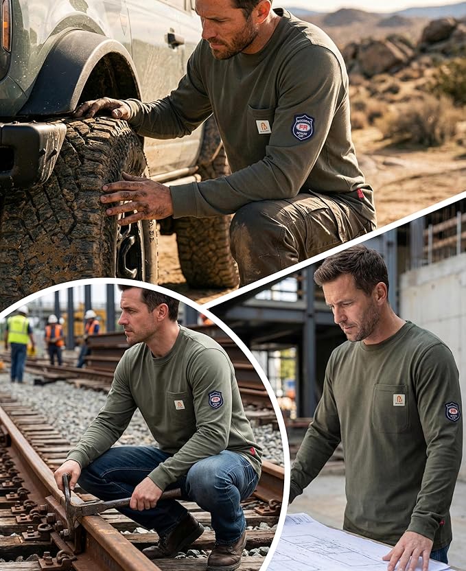 BOCOMAL FR Shirts Crewneck 7oz Midweight Flame Resistant Clothing NFPA2112 CAT2 Men's Fire Retardant Work Shirt