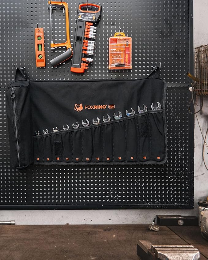 Wrench Roll, Wrench Roll Up Pouch, 12-Pocket Heavy Duty Canvas Wrench Organizer Bag for Metric Combination Wrenches, Portable Tool Roll Bag, Gifts for Men for Christmas (Black, 12+1 Metric)