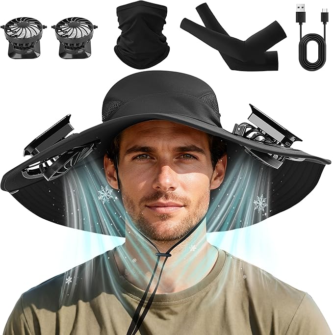 Solar Fan Hat with Detachable Fan, UPF 50+ Wide Brim Sun Hat with Face Mask and Arm Sleeves, 3 Speed USB &Solar Powered Fan