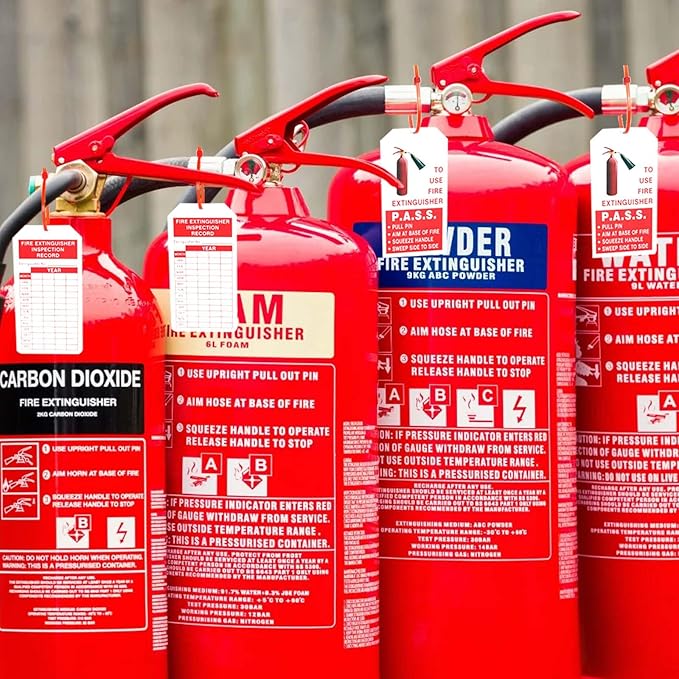 Fire Extinguisher Tags with Adjustable Wire Ties Fire Extinguisher Recharge and Inspection Record for Indoor Outdoor Fire Extinguishers, 4.2 x 2.1 Inch 50sets