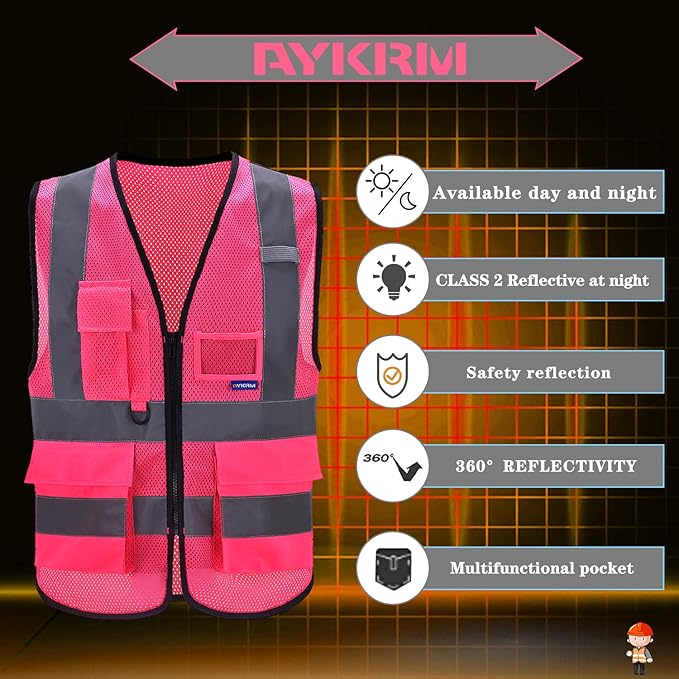 A-SAFETY High Visibility Mesh Safety Reflective Vest with Pockets and Zipper,Hi Viz Work Vest for Men Women (Pink Mesh L)