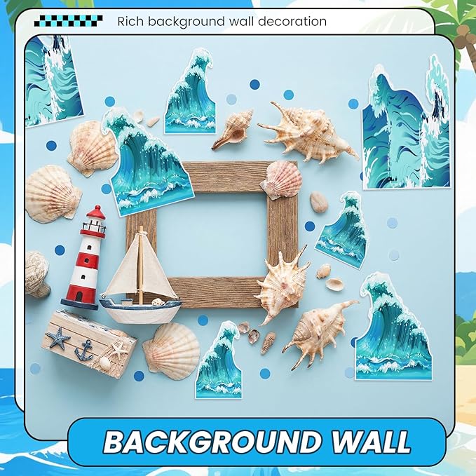 48 Pcs Ocean Waves Stickers 3 Sizes Ocean Theme Party Decorations Set Blue Turquoise Waves Cutouts for Sea Beach Border Trim Blue Wave Waterproof Home Office Wall Decor with Adhesive Dots