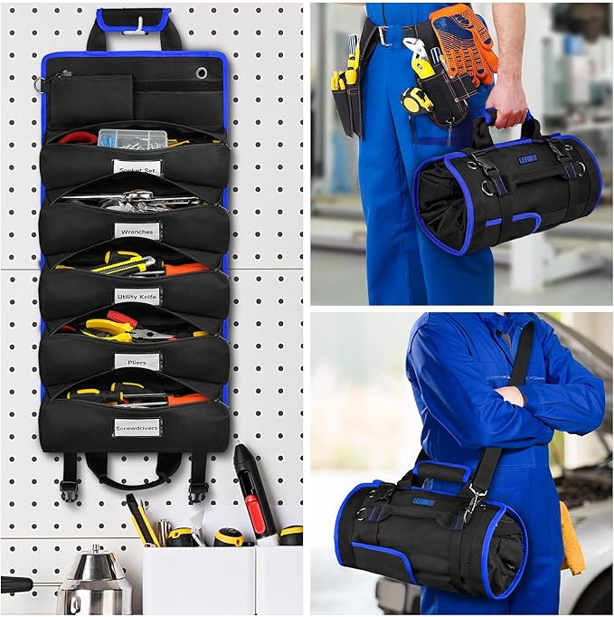 Tool Bag,Large Roll Up Tool Bag Organizer,13 Pockets Tool Roll Storage Pouch,Heavy Duty Portable Tool Storage Carrier Bag for Men,Mechanic,Electrician,Valentines Day Gifts for Men,Black/Blue