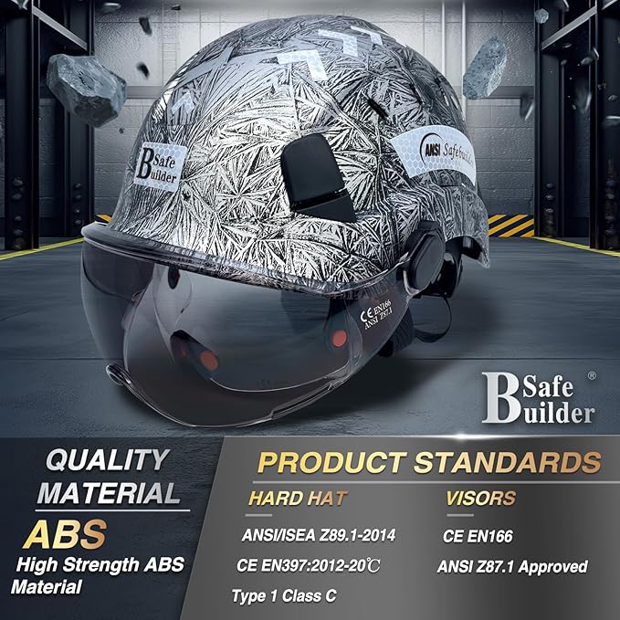 Construction Safety Helmet with Build-in Visor ABS Hard Hat with Visor Adjustable Ventilation Hardhats Work Head Protection ANSI/ISEA Z89.1
