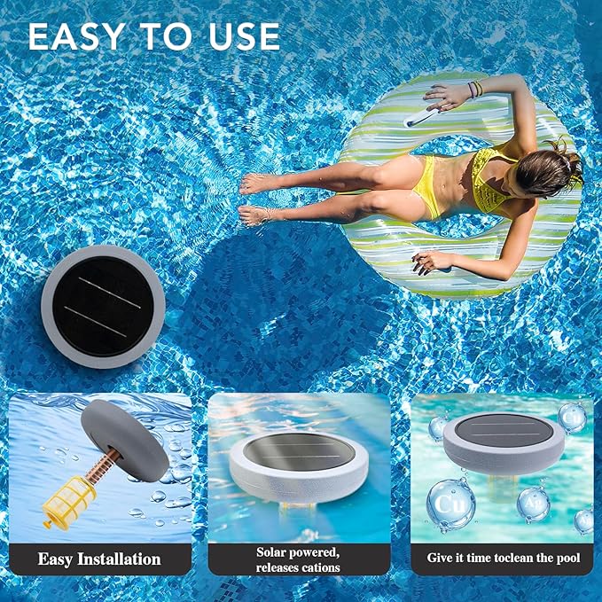 Solar Pool Ionizer - Enhanced with Latest Solar, 90% Less Chlorine, for Pools up to 45,000 Gal, Technology & Longer-Lasting Anode, Reduces Chlorine- Mineral-Based Pool Cleaning Device （Gray）