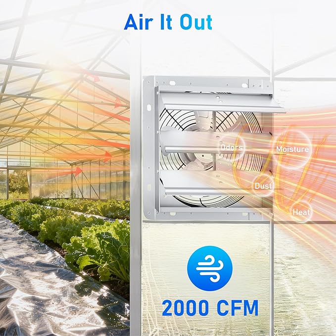 14 Inch Shutter Exhaust Fan, High-Speed 2000CFM Low Noise Attic Fan, Automatic Shutter, Ventilation and Cooling Vent Fan for Greenhouses, Garages, Shop, Chicken Coops, Gable, Shed